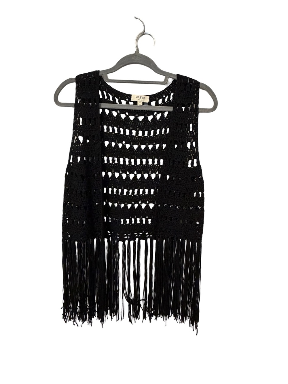 Umgee Black  Crochet Vest with Fringe Hem Festival Indie Western Trendy Concerts